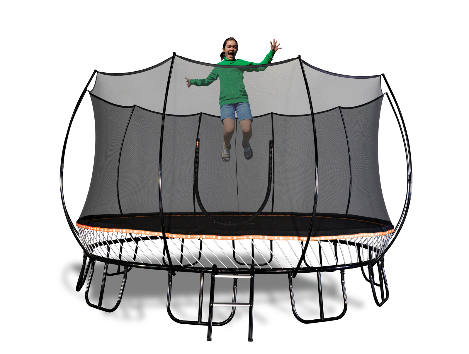Springless backyard trampoline with safety enclosure from Rainbow Direct in New Jersey