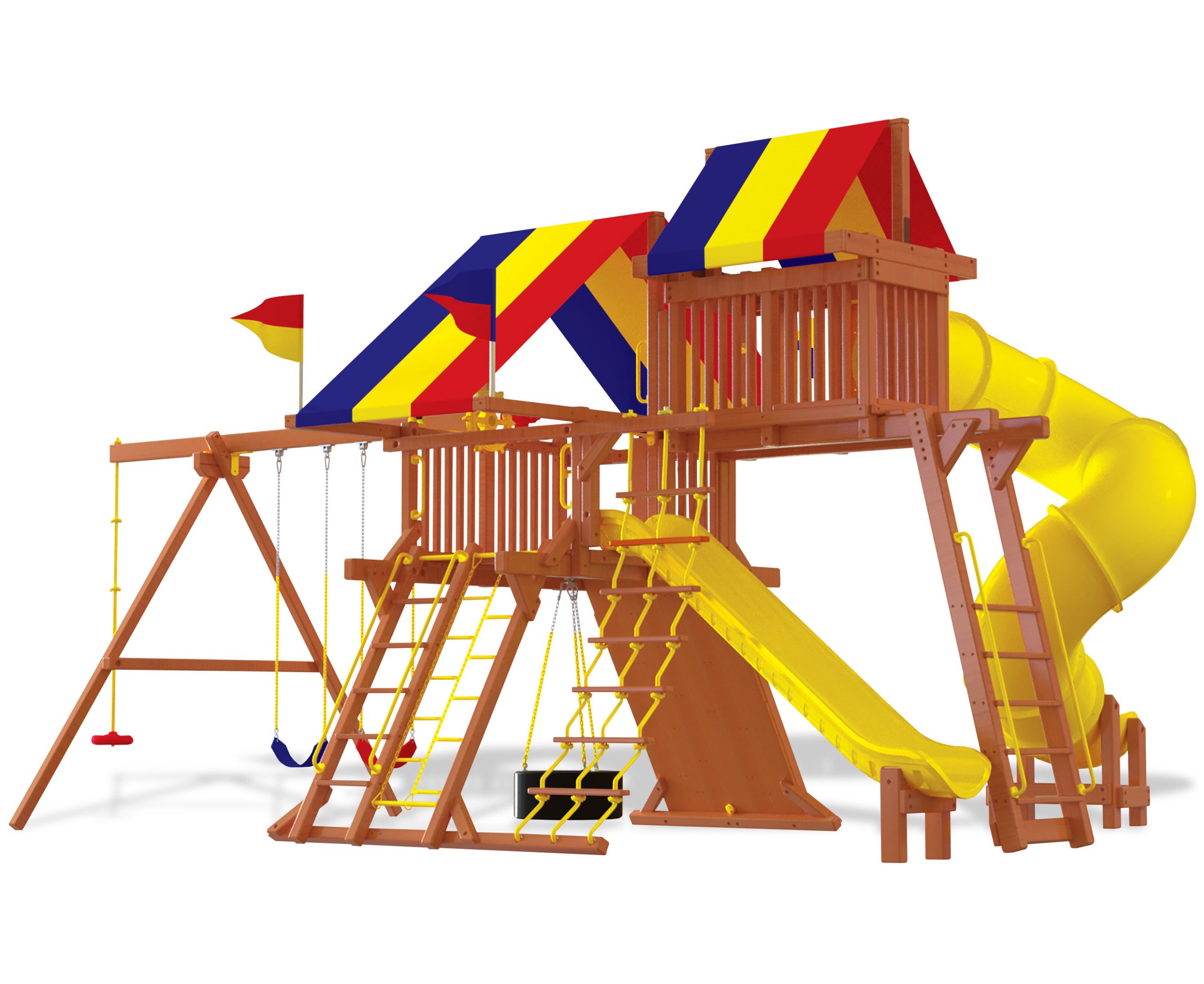 Premium cedar Rainbow Playset compared to a standard backyard swing set
