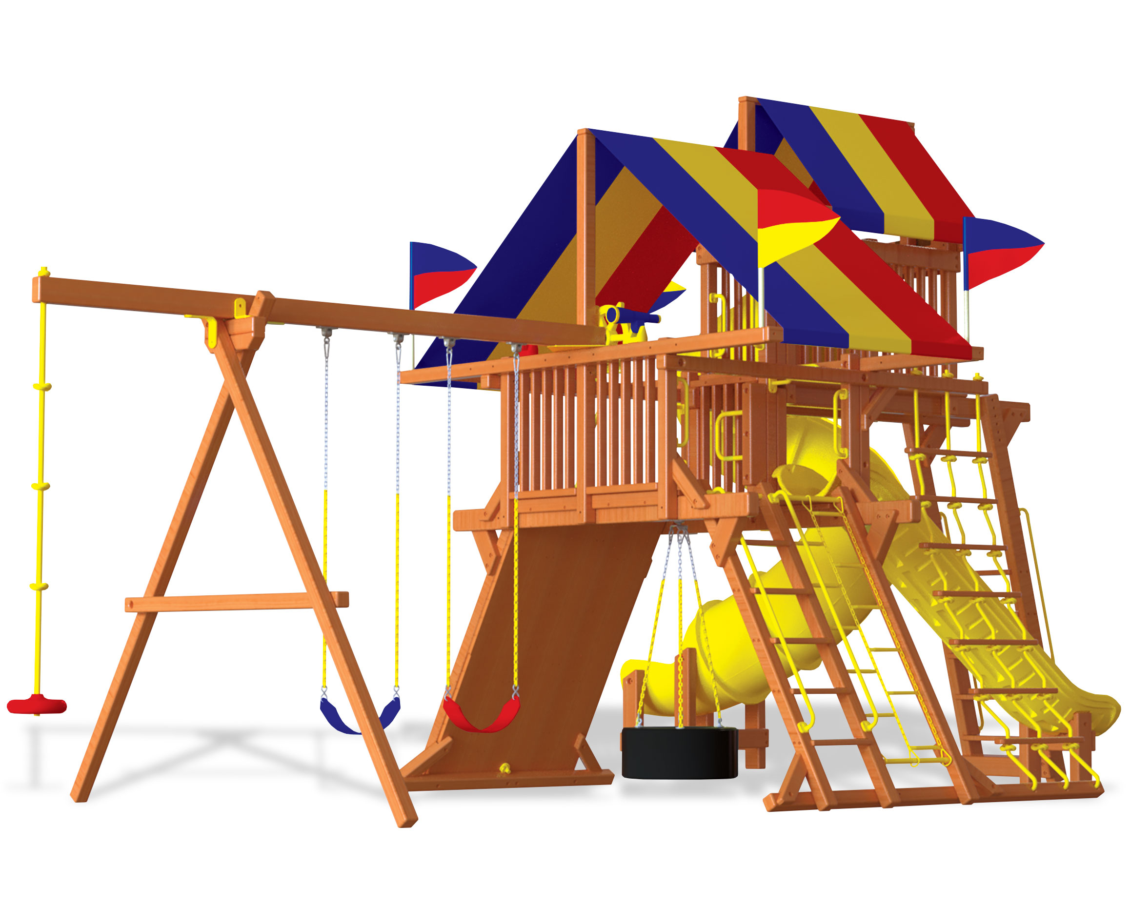 Large cedar Rainbow Play System installed in a family backyard with swings and slides
