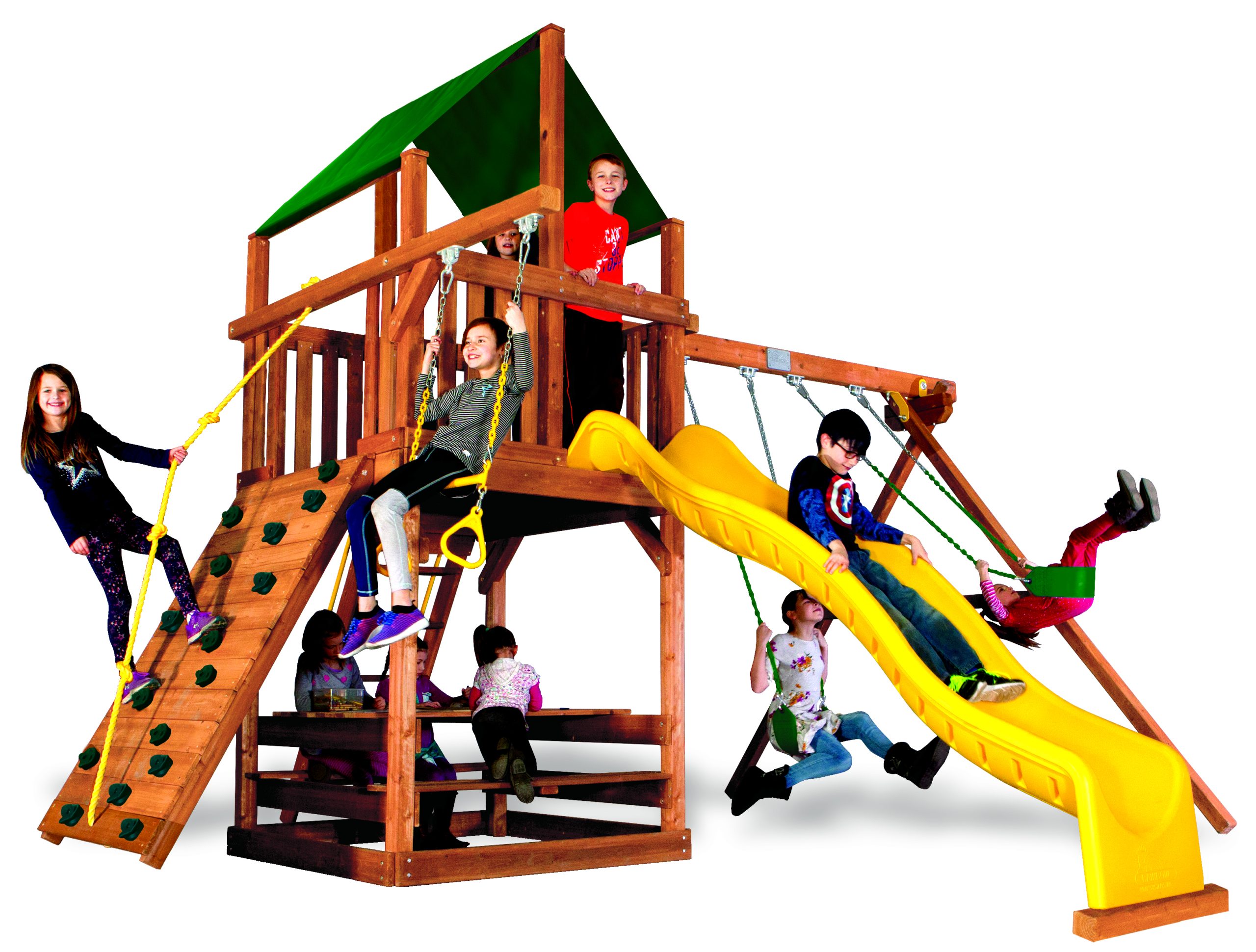 Children playing on a premium cedar wooden swing set in a landscaped backyard on a sunny day.