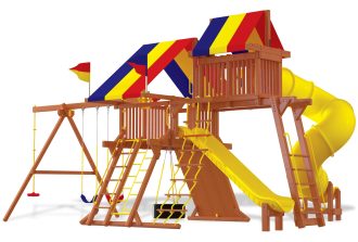 Premium cedar Rainbow Playset compared to a standard backyard swing set