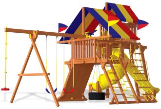 Large cedar Rainbow Play System installed in a family backyard with swings and slides